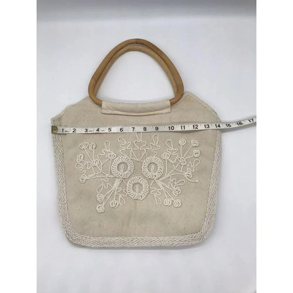 Handmade Canvas Clutch Purse‎ Embroidered Bamboo Handles Tote Bag Boho Cottage - Picture 9 of 14